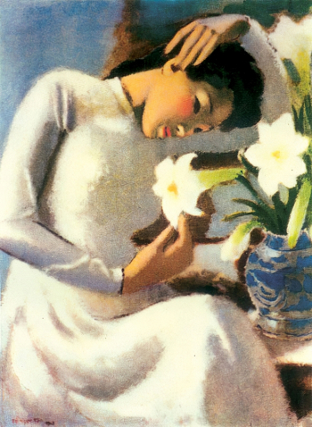 То Нгок Ван. Молодая женщина с лилией. Холст, масло. 1943. Местонахождение неизвестно.