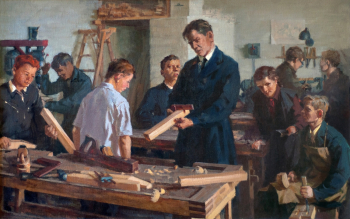 Мухин Пётр Степанович. Урок труда. Холст, масло. 93х150. 1950. Городской музей `Искусство Омска`.