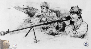 Годына Сергей Митрофанович. Истребители танков. Бумага, карандаш. 25х43. 1943. Студия военных художников имени М.Б.Грекова.
