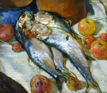 Лансере Евгений Евгеньевич. Натюрморт с селёдками. Фанера, масло. 39х44. 1919. Дальневосточный художественный музей.