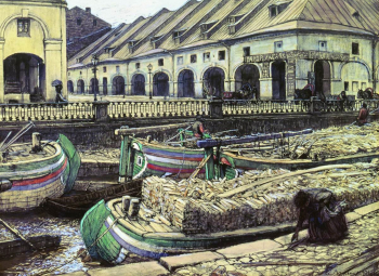 Лансере Евгений Евгеньевич. Никольский рынок в Петербурге. Бумага на картоне, гуашь, уголь, карандаш. 44х59. 1901. Государственная Третьяковская галерея.