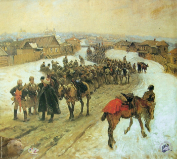 Греков Митрофан Борисович. Вступление полка имени Володарского в Новочеркасск. Фанера, масло. 75х104. 1920. Центральный музей Вооруженных Сил Российской Федерации.