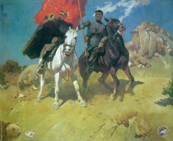 Греков Митрофан Борисович. Знамёнщик и трубач. Холст, масло. 130х161. 1934. Центральный музей Вооруженных Сил Российской Федерации.