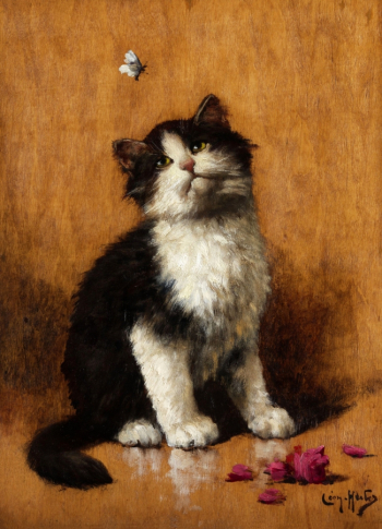 Леон Хубер. Котёнок и бабочка. Холст, масло. 33,3х24. До 1928 года. Частная коллекция.