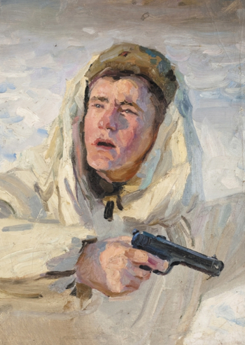 Горпенко Анатолий Андреевич. Боец с пистолетом. Этюд. Холст, масло. 55х40. 1940-е. Частное собрание.