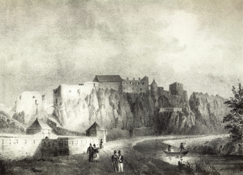 Никола Лиэ. Цитадель Буйон в Бельгии. Бумага, офорт. 1834. `Живописное путешествие по Великому герцогству Люксембург`.