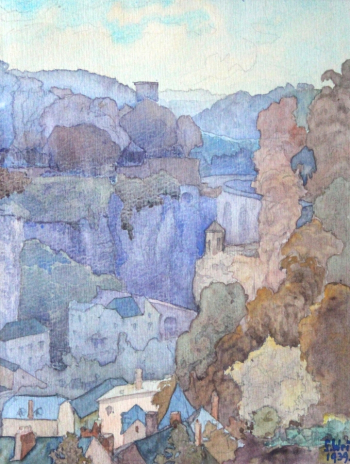 Состен Вайс. Вид на город Люксембург. Бумага, акварель. 1939. Частная коллекция.