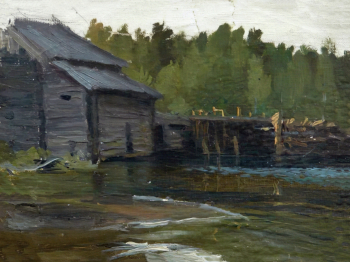Кустодиев Борис Михайлович. Павловская мельница. Масло. 17,5х22. Костромской государственный историко-архитектурный и художественный музей-заповедник.