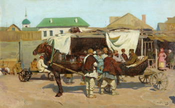 Иванов Сергей Васильевич. На базаре. Холст на картоне, масло. 45х71,5. 1880-е. Башкирский государственный художественный музей имени М.В.Нестерова.