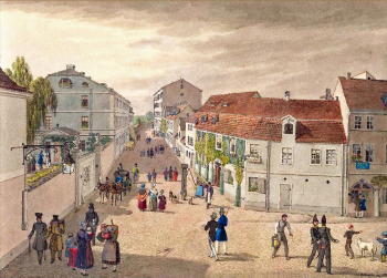 Кристиан Готлиб Генрих Гейслер. Улица в Лейпциге. Бумага, акварель. 1858. Городской исторический музей Лейпцига.