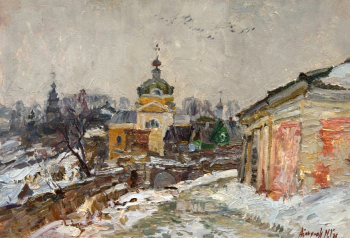 Абакумов Михаил Георгиевич. Торжок. Оттепель. Картон, масло. 24х35,5. 1988. Тамбовская областная картинная галерея.