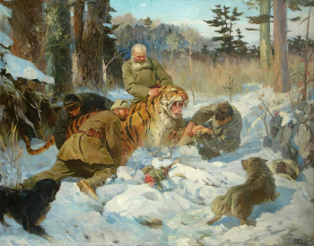 Куриленко Яков Семёнович и Зорин Григорий Степанович. Тигроловы. Холст, масло. 160х200. 1951. Музей изобразительных искусств (Комсомольск-на-Амуре).