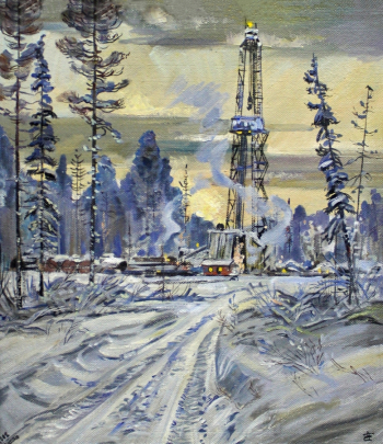 Ряннель Тайво Васильевич. Буровая в тайге. Картон, масло. 67,5х61. 1982. Эвенкийский краеведческий музей.