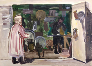 Попов Павел Сергеевич. В мастерской. Бумага, гуашь. 30х42. 1991. Музейно-выставочный комплекс Новый Иерусалим.