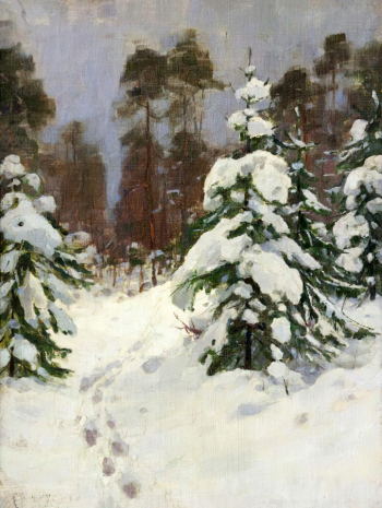 Голубин Сергей Иванович. Зимний лес. Финляндия. Холст на картоне, масло. 42,7х32. 1912. Томский областной художественный музей.