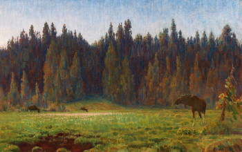 Нильс Сковгаард. Шведский пейзаж с лосем. Холст, масло. 64х103. 1915. Частная коллекция.