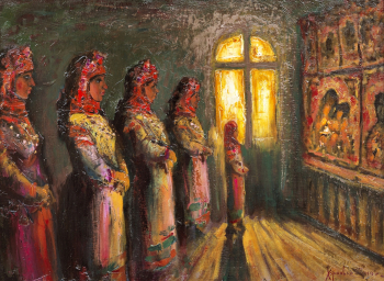 Хоронько Игорь Борисович. Утренняя служба в церкви Успения Пресвятой Богородицы. Холст, масло. 55х75. 2014. Ставропольский краевой музей изобразительных искусств.