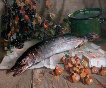 Глотов Михаил Фёдорович. Натюрморт с луком и рыбой. Холст, масло. 69х84,5. 1980. Пензенская областная картинная галерея имени К.А.Савицкого.