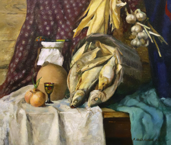 Небольсин Анатолий Алексеевич. Натюрморт с вяленой рыбой. Холст, масло. 61х73. 1994. Воронежский областной художественный музей имени И.Н.Крамского.