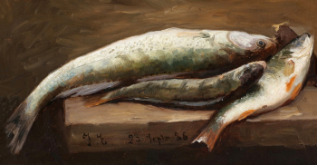 Ян Экенес. Натюрморт с рыбой. Холст, масло. 21х36. 1886. Частная коллекция.