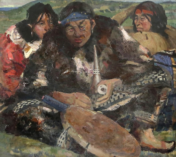 Васильев Алексей Александрович. Шаман с жёнами. Холст, масло. 72,6х60,6. 1939. Музейный Центр `Наследие Чукотки`.
