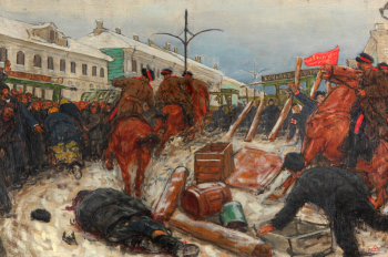 Неизвестный художник. Казаки на Лесной улице. Холст, масло. 69х100. 1925. Государственный центральный музей современной истории России.