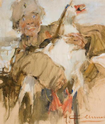 Фешин Николай Иванович. Казак с гусем. Картон, акварель, гуашь. 60х49,5. 1915. Научно-исследовательский музей при Российской академии художеств.