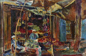 Афанасьев Пётр Семёнович. Самарканд. Продают фрукты. Холст, масло. 13х20. 1920-е. Пермская государственная художественная галерея.