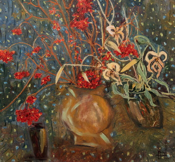 Нуруллина Миляуша Вакифовна. Калина и лилии. ДВП, масло. 72х82. 1990-е. Национальный музей Республики Татарстан.
