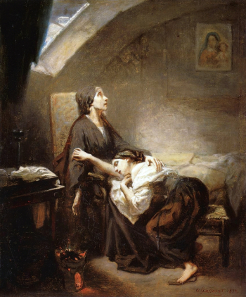 Октав Тассёр. Несчастливая семья (Самоубийство). Холст, масло. 46,5х38,3. 1852. Музей Фабра.