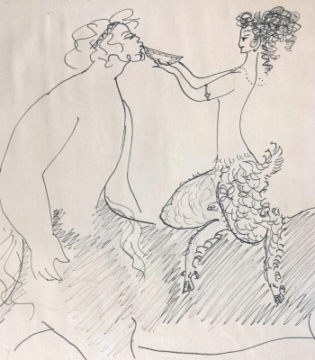 Надя Рушева. Сатиресса поит Кентавра. Бумага, чернила. 23х22. 1966. Государственный музей А.С.Пушкина.