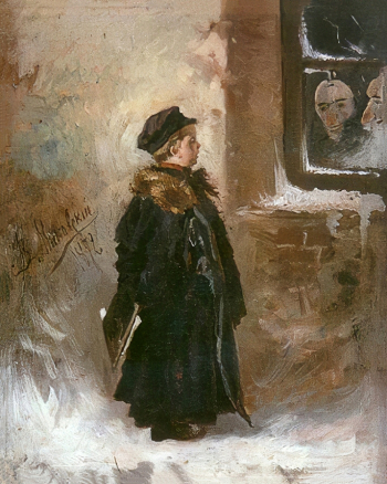 Маковский Владимир Егорович. Мальчик и маски. Холст, масло. 26х21. 1872. Музей изобразительных искусств (Тюмень).