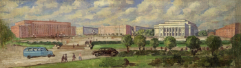 Деньшин Алексей Иванович. Театральная площадь в Кирове. Холст, масло. 31,5х100. 1950-е. Вятский художественный музей имени В.М. и А.М. Васнецовых.