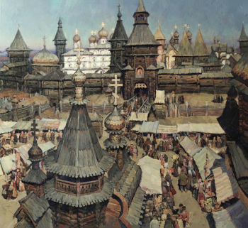 Попов Виктор Юрьевич. Торг перед Спасской башней Хлыновского Кремля. Холст, масло. 138х153. 1999. Вятский художественный музей имени В.М. и А.М. Васнецовых.