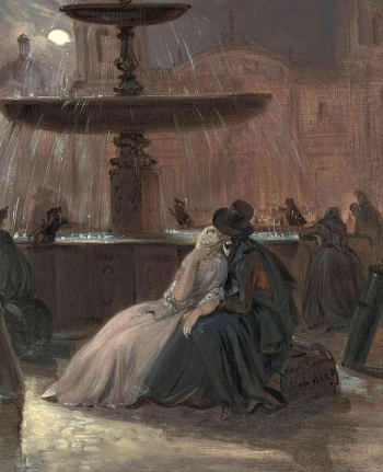 Йоганн-Мориц Ругендас. Любовники в лунном свете. Жанровая сцена на главной площади Лимы. Холст, масло. 36х30. 1800-е. Частная коллекция.