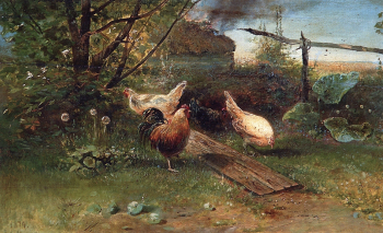 Саврасов Алексей Кондратьевич. Летний день. Куры на задворках. Дерево, масло. 33х53. 1874. Государственная Третьяковская галерея.