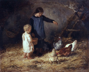 Шарль Эмиль Жак. Девочки с курами. Доска, масло. 22,5х27. 1855-1860. Саратовский государственный художественный музей имени А.Н.Радищева.