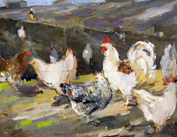 Яськов Никифор Николаевич. Куры, эскиз. Картон, масло. 40х52. 20 век. Калужский музей изобразительных искусств.