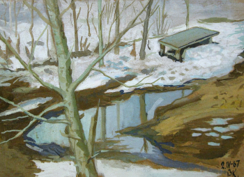 Калошин Владимир Иванович. Скамейка в снегу. Картон, масло. 21х30. 1967. Московский государственный музей С.А.Есенина.