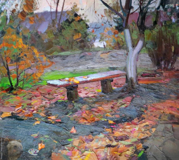 Ковалёв Сергей Иванович. Заветная скамейка. Картон, масло. 40,5х55,2. 1965. Кинешемский художественно-исторический музей.