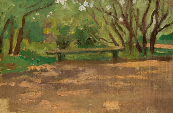 Куклин Леонид Владимирович. Скамейка под деревом. Холст, масло. 20,5х31. 1910-е. Вятский художественный музей имени В.М. и А.М. Васнецовых.