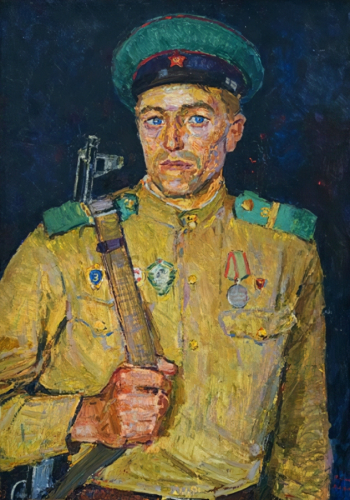 Ездаков Василий Дмитриевич. Пограничник Анатолий Севрюков. Картон, масло. 70х50. 1963. Картинная галерея (Томск).