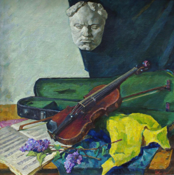 Кац Адам Захарович. Натюрморт со скрипкой. Холст, масло. 100х100. 1971. Симферопольский художественный музей.
