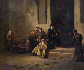 Коровин Сергей Алексеевич. На церковной паперти. Картон, масло. 35,5х42. 1883. Вятский художественный музей имени В.М. и А.М. Васнецовых.