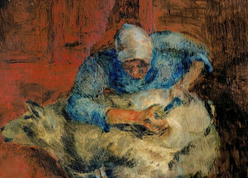 Петров Борис Николаевич. Стрижка овцы. Картон, масло. 26,6х38. 1990. Картинная галерея имени Д.А.Трубникова.