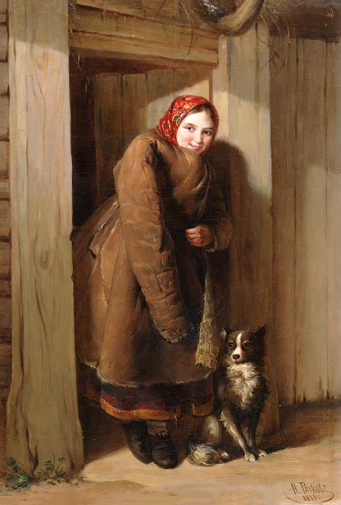 Рачков Николай Ефимович. Девушка у калитки. Холст, масло. 60х41. 1873. Государственный Владимиро-Суздальский историко-архитектурный и художественный музей-заповедник.