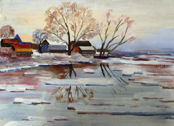 Коренков Валентин Григорьевич. Весеннее половодье. Картон, масло. 26х34,5. Заволжский городской художественно-краеведческий музей.