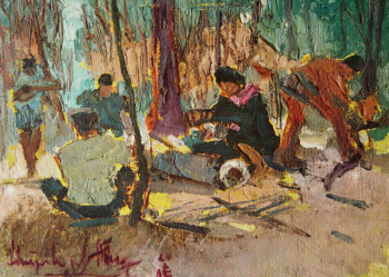 Хуинь Фыонг Донг. Партизаны в джунглях. Бумага, масло. 24,5х18,5. 1966. Сахалинский областной краеведческий музей.