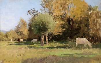 Альфред Зофф. Летний пейзаж с коровами. Холст, масло. 27,7х42,5. 1891. Частная коллекция.