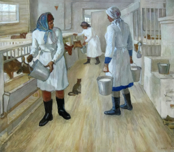 Виноградов Семён Николаевич. Телятницы. Холст, масло. 150х131. 1977. Удмуртский республиканский музей изобразительных искусств.